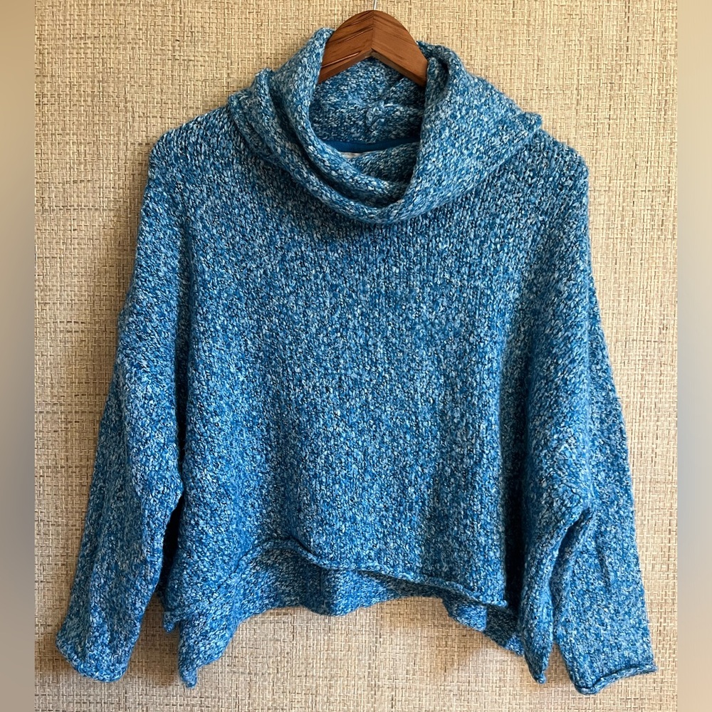 Blue Cropped Sweater with Cowl Neck